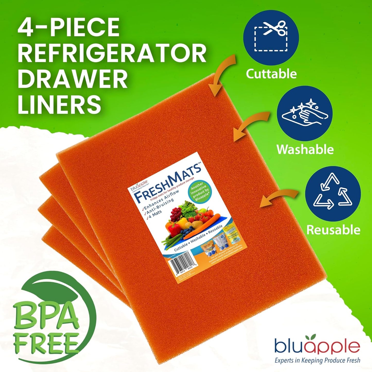 Bluapple FreshMats, Refrigerator Bin Liner, Fridge Drawer Mats, Crisper Life Extender Liner Keeps Produce Fresh Longer, Anti-Bruising, for Air Circulation, Washable & Reusable (4-Mats, 12x15, Orange)