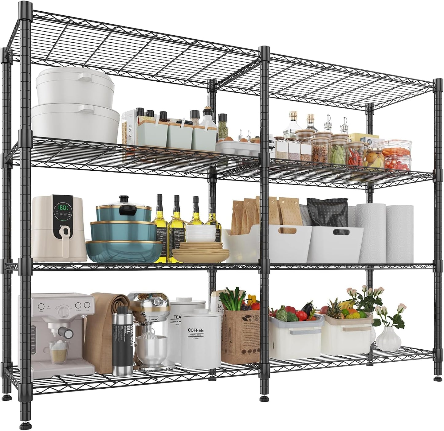 Himimi 4-Tier Adjustable Metal Shelving - 1600LBS Capacity, Heavy Duty Wire Organizer for Kitchen, Garage, Pantry, Laundry, 72" W x 18" D x 60" H, Black
