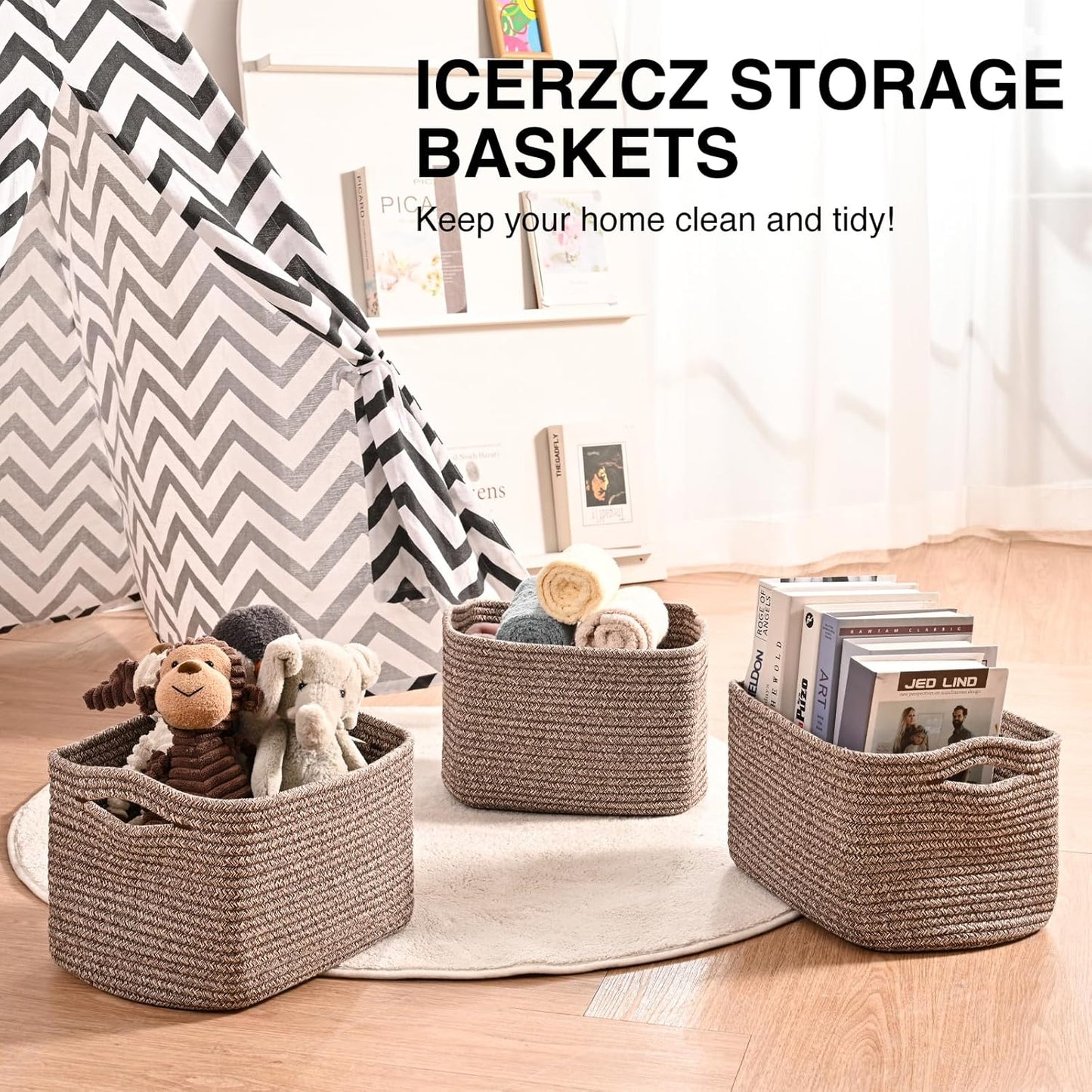 Storage Baskets for Shelves Organizing, Woven Cotton Rope Baskets for Storage, Book Basket, Decorative Shelf Basket, 12.5"Lx9.1''Wx7.9''H (4 Packs) Dark Brown