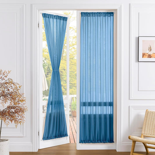 Tollpiz Sheer Door Curtain Closet Linen Textured Curtain Sheers Doorway Light Filtering Voile French Door Rod Pocket Curtains Patio Glass Door, 25 x 80 inches Long, Classic Blue, Set of 1 Panel