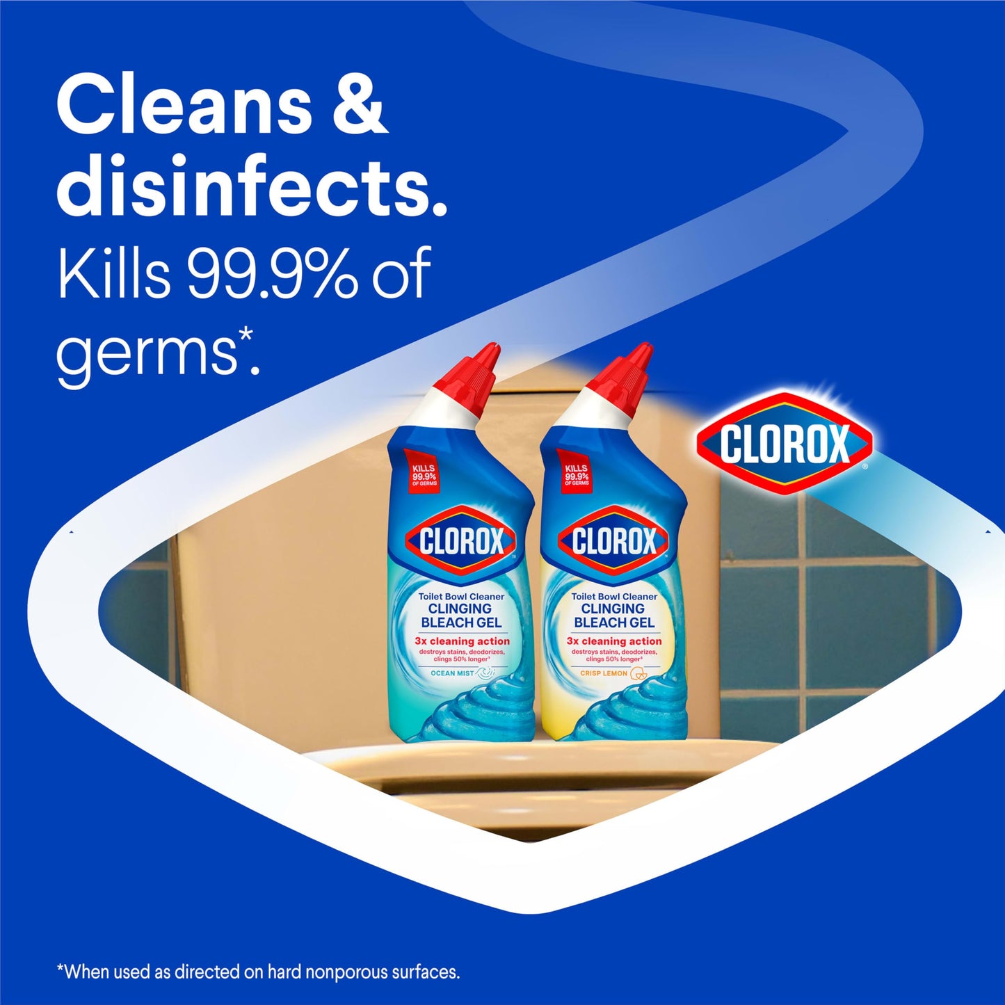 Clorox Toilet Bowl Cleaner Clinging Bleach Gel, Kills 99.9% of Bacteria and Viruses, Ocean Mist, 24