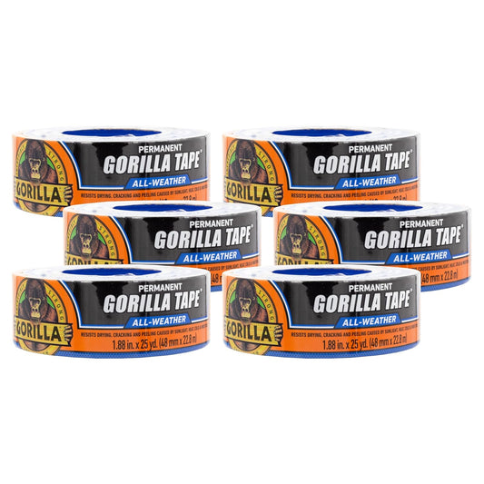 Gorilla All Weather Duct Tape, Black, 1.88" x 25 yd (Pack of 6) - UV and Temperature Resistant
