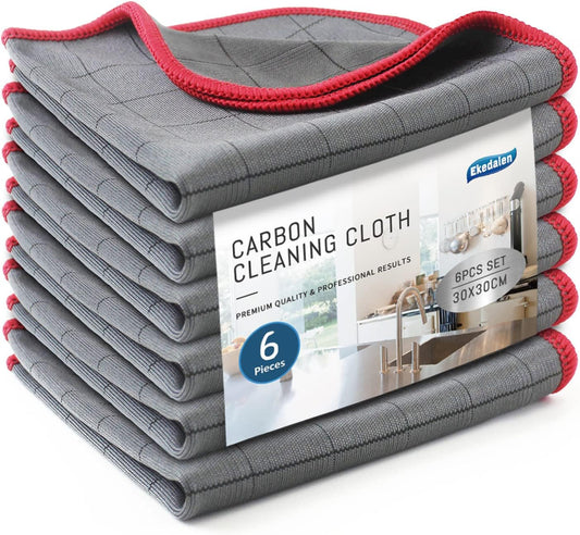 Lint Free Carbon Microfiber Cleaning Cloth Glass Window Polishing Streak Free Miracle Easy Clean Rag Reusable for Mirror Kitchen Dish Auto Detailing, Pack of 6, 12"x12", 400GSM