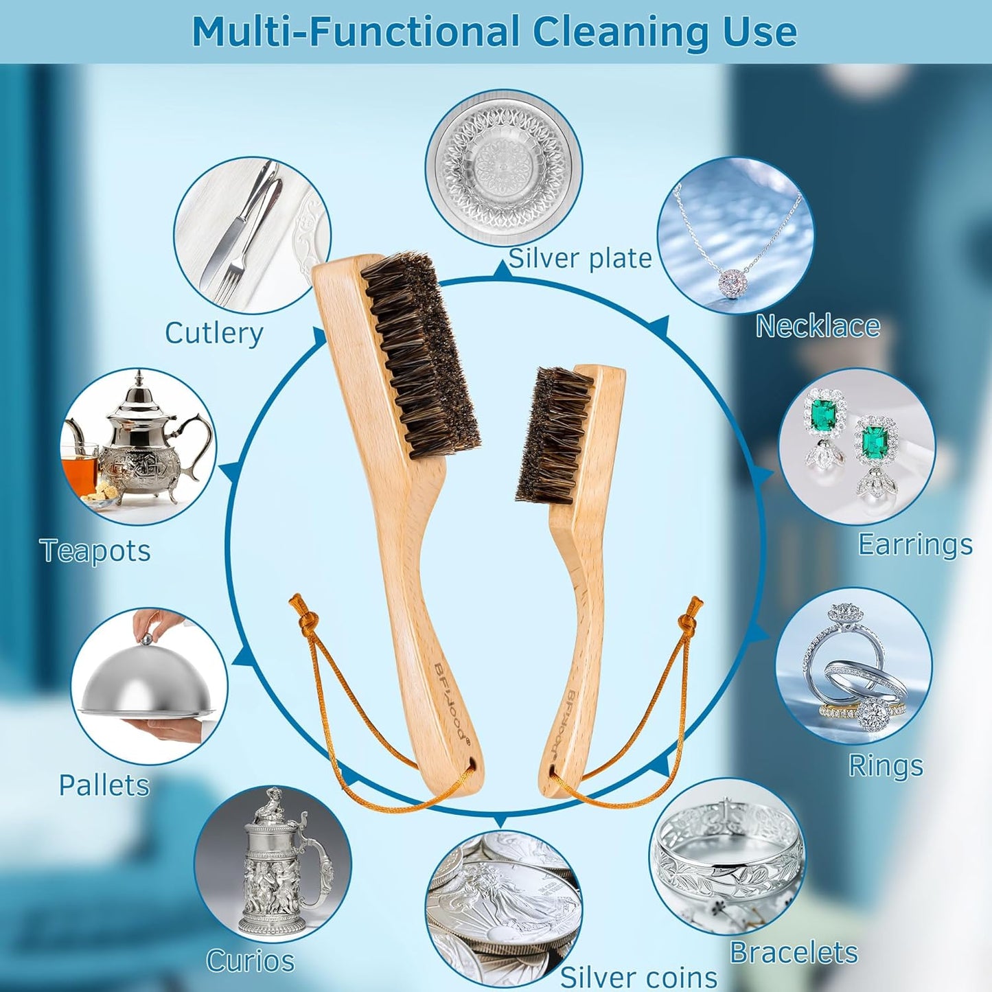 BFWood Horsehair Silver Brush - 2PCS Detailing Brush Set for Silverware - Jewelry Cleaning Brushes for Sterling, Cutlery, Metal - Perfect Match for Silver Polish