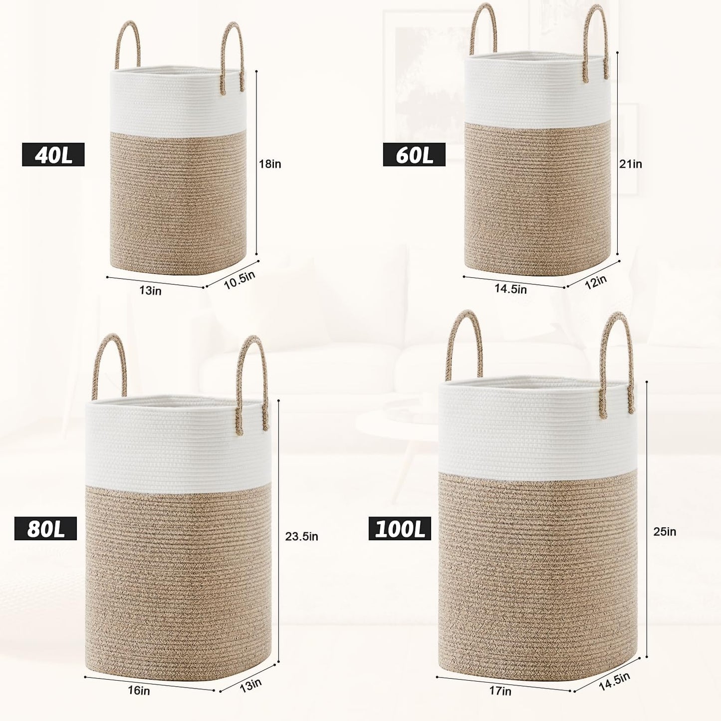 Laundry Basket,Woven Cotton Rope Laundry Hamper,Versatile Storage for Dirty Clothes,Baby Toys,and Blankets in Bathroom, Nursery,and Living Room (Brown, 80L)