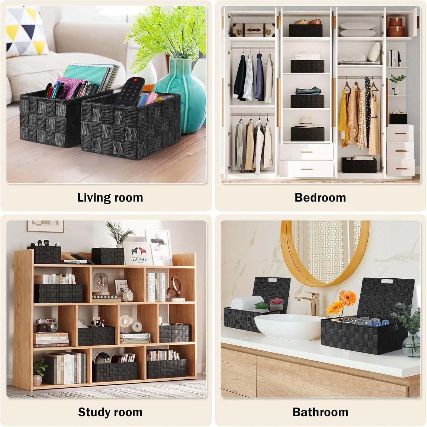 Storage Bins Baskets for Organizing with Lids, Storage Baskets for Shelves Stackable Woven Basket, Gift Small Basket Storage Cubes, Decorative Wicker Basket with Built-in Handles (5 Pack, Black)