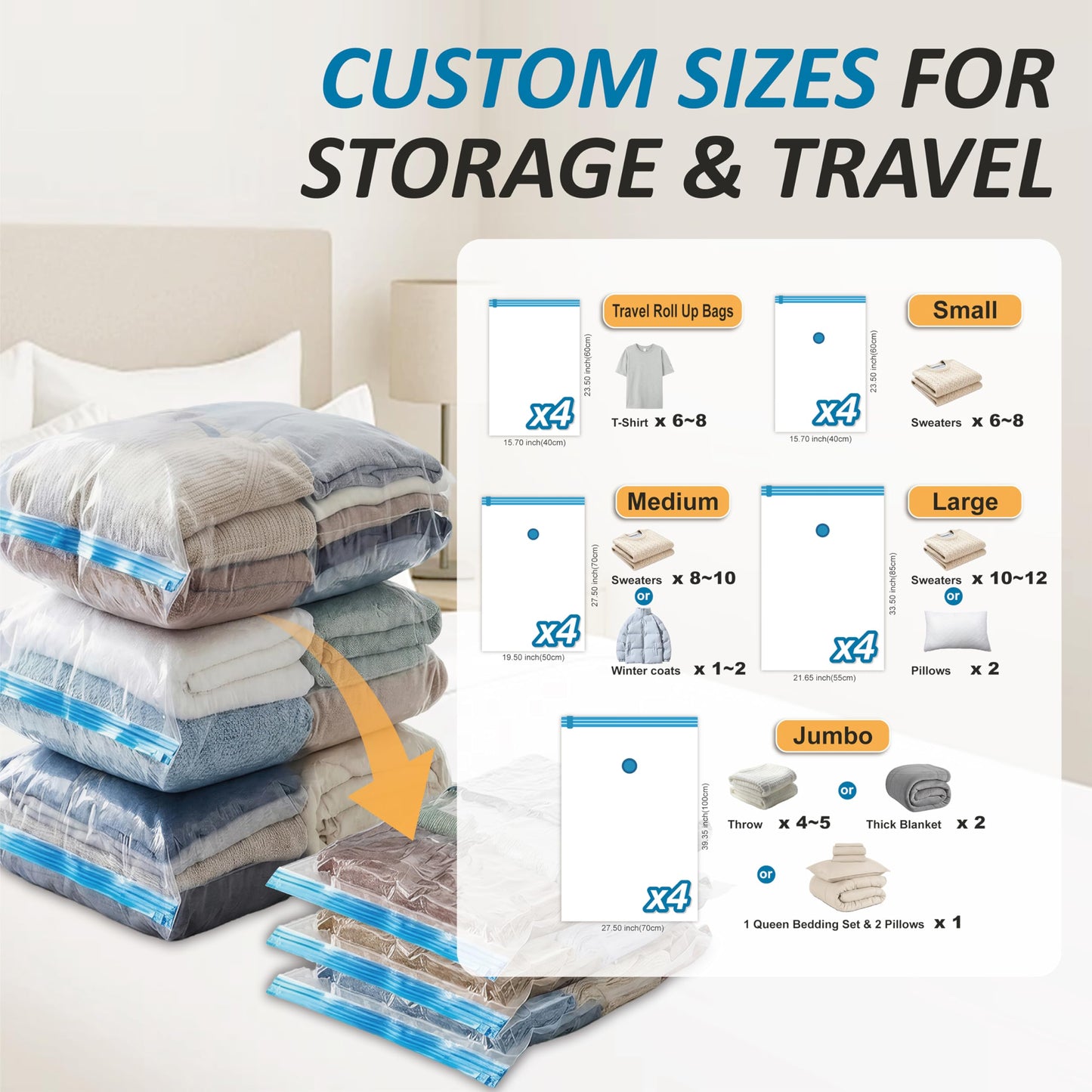 Cozy Essential Vacuum Storage Bags, 80% Compression Vacuum Seal Space Saver Plastic Packaging Bags