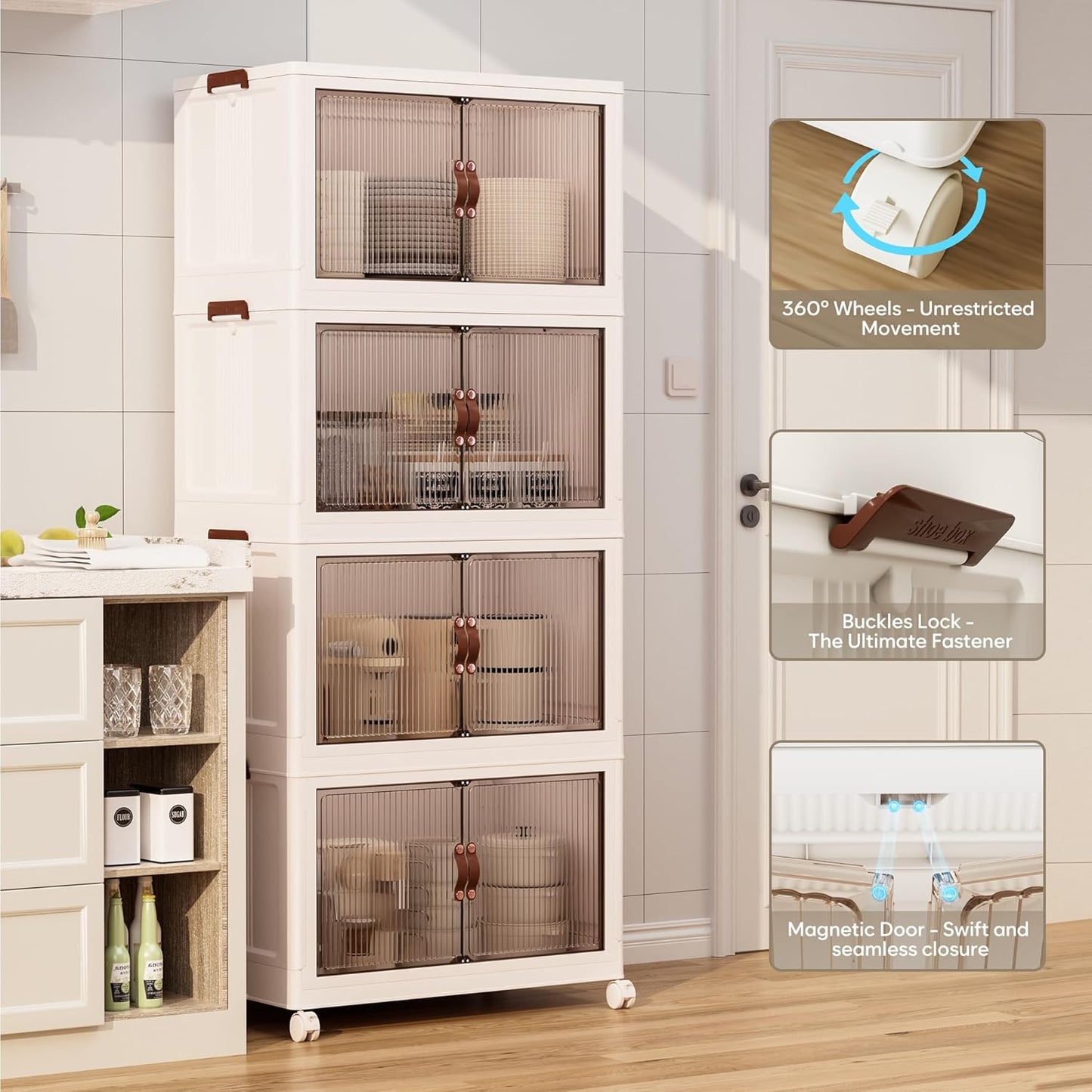 Jalove 50QT Plastic Storage Bins with lids, Stackable Collapsible Storage Containers with Wheels, Closet Organizer and Storage Drawers, Clothes Storage Cabinet for Home Office Garage, 4 Pack White