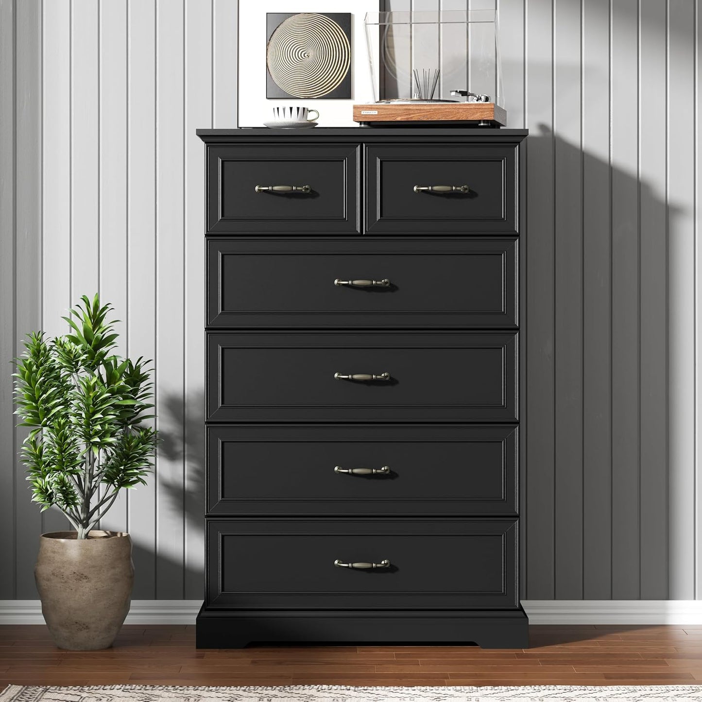 6 Drawer Dresser for Bedroom, 49" Tall Wooden Chest of Drawers, Rustic Farmhouse Dresser with Large Drawers & Metal Handles, Modern Storage Organizer for Closet, Living Room, Hallway, Black