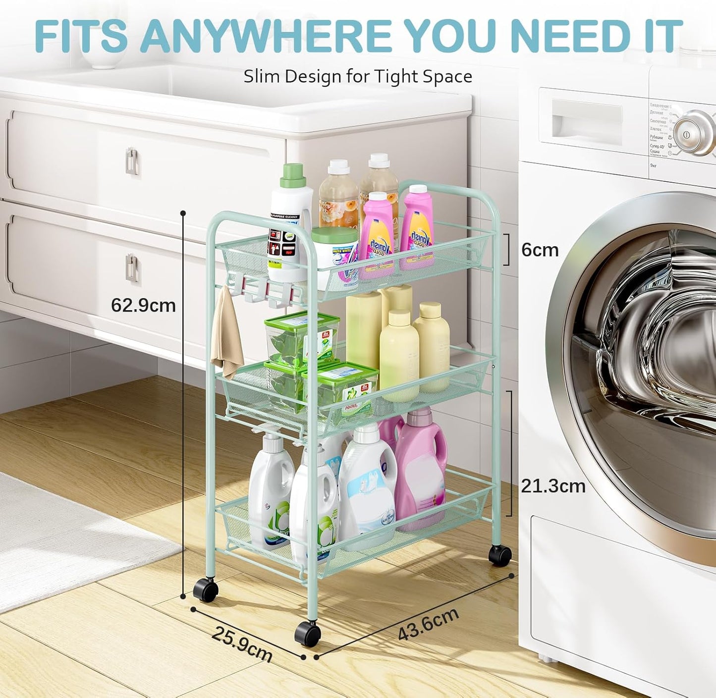 TOOLF 3-Tier Metal Rolling Cart, Mesh Wire Easy Assemble Utility Cart, Storage Trolley on Wheels with 3 Hooks, MetalStorage Shelving Units for Kitchen Bathroom Laundry Room