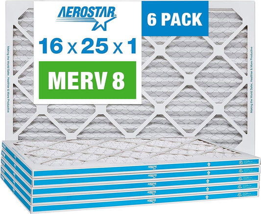 Aerostar 16x25x1 MERV 8 - 6 Count - High Efficiency Pleated HVAC, Furnace & Air Conditioner Filters