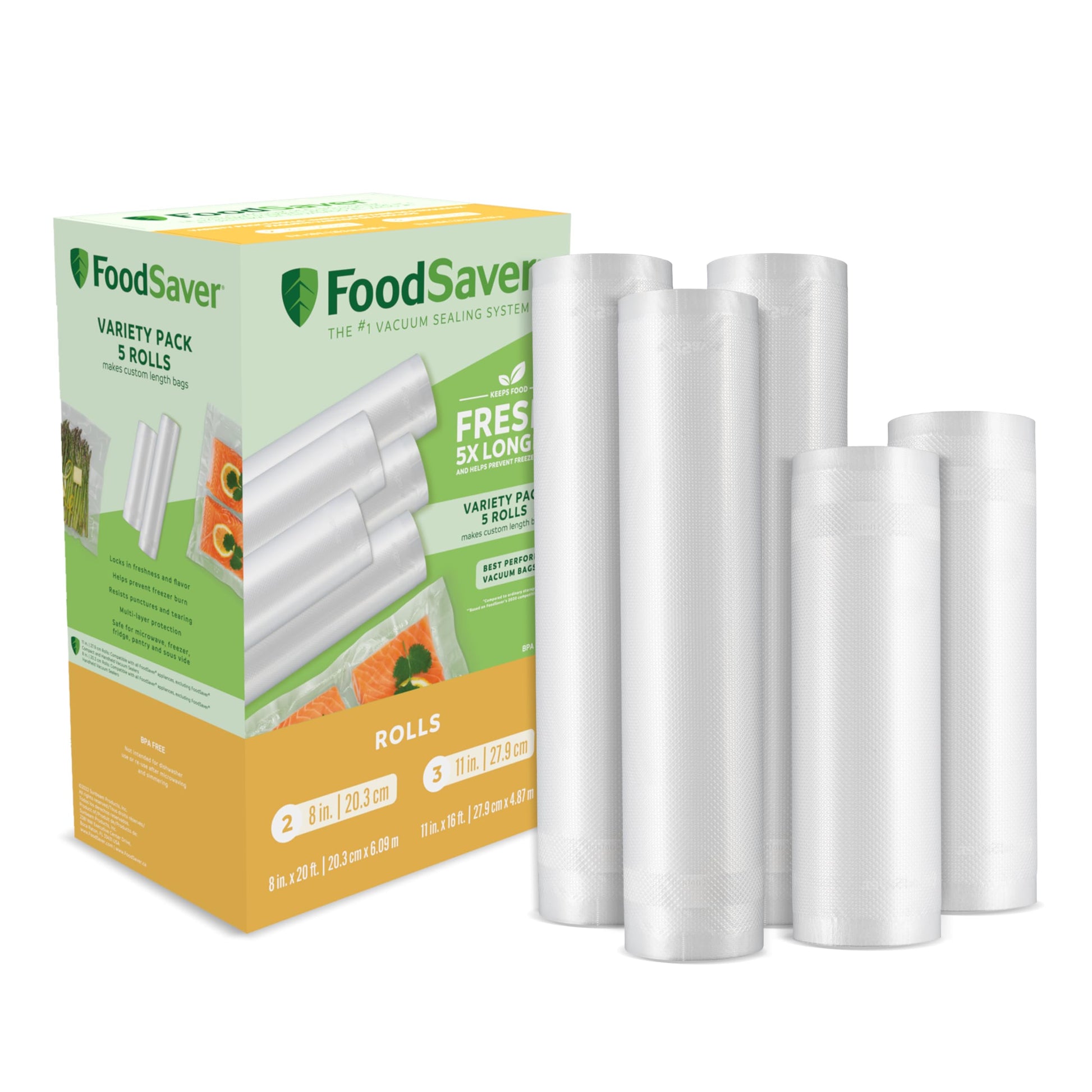 FoodSaver Custom Length Vacuum Sealer Bags Multipack, 5 Count Rolls for Airtight Food Storage and