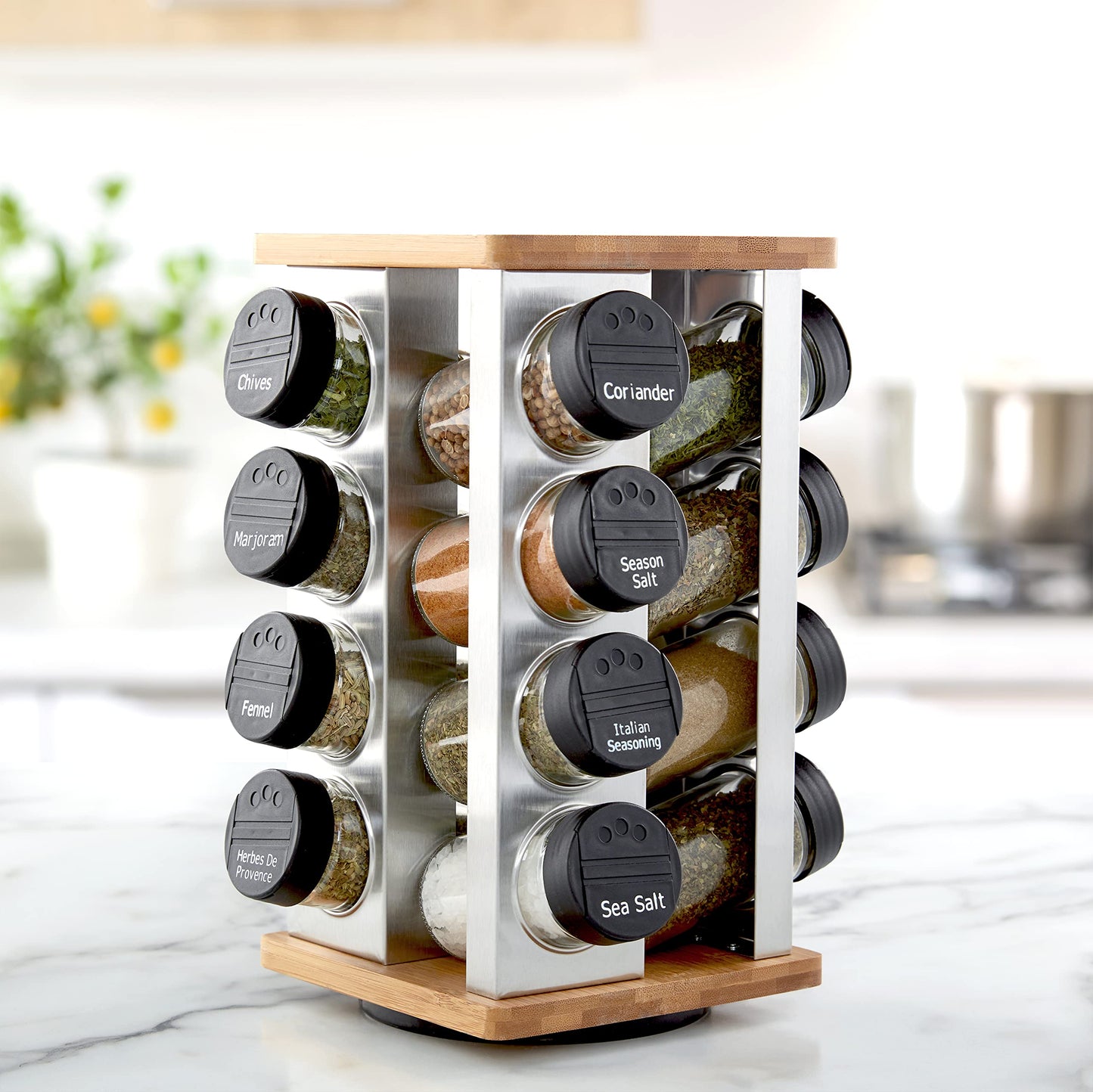 Kamenstein 16 Jar Warner Revolving Countertop Spice Rack Organizer with Lift & Pour Caps and Spices