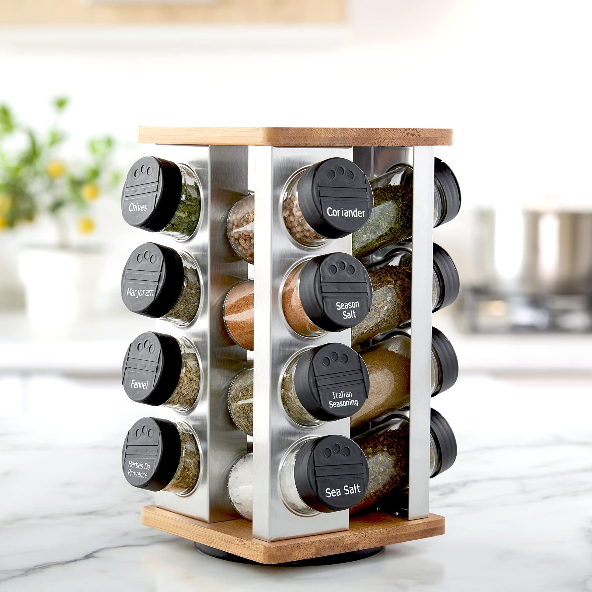 Kamenstein 16 Jar Warner Revolving Countertop Spice Rack Organizer with Lift & Pour Caps and Spices