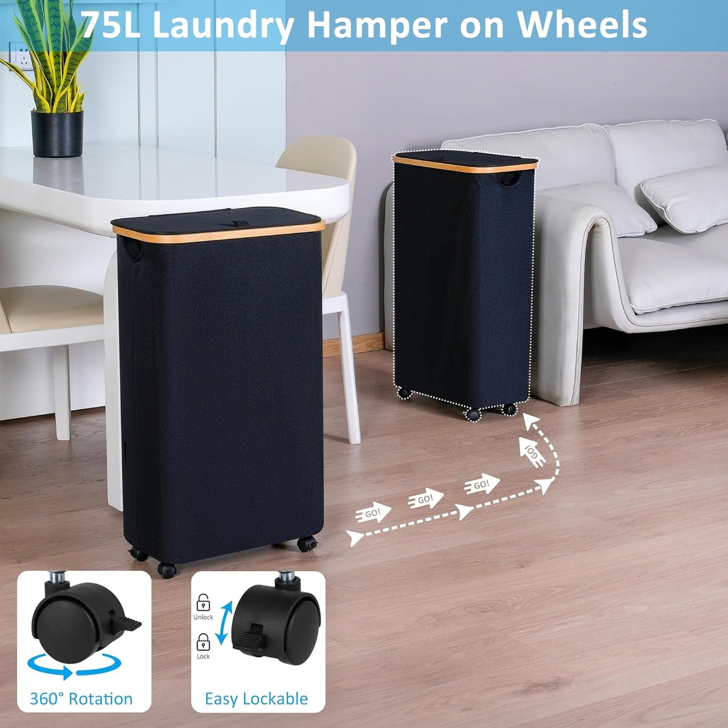 efluky Slim Laundry Basket with Wheels, Narrow Rolling Laundry Hamper with Lid and Removable Bag, Aesthetic Dirty Clothes Hamper on Wheels for Laundry Room, Bedroom, Dorm and Bathroom, 75L Dark Black