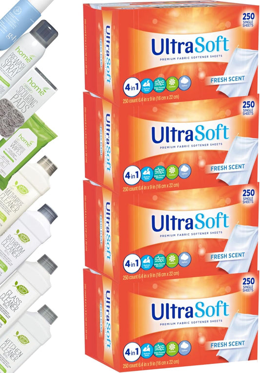 4 in 1 Laundry Dryer Sheets (6.4"x9") 1000 PCS,Household Premium Fabric Softener Fresh Scent,Made in USA,Drive Clothes Ultra Soft,Reduce Static Cling,Help Repel Pet Hair,Easy Dispenser Box Packaging