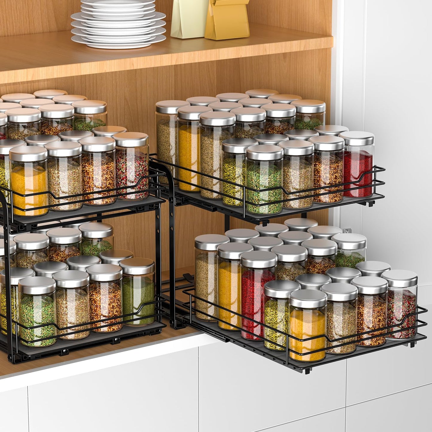RCHYFEED Spice Rack Organizer for Cabinet, 2 Tier Pull Out Spice Racks for Inside Cabinets & Pantry, Height Adjustable Heavy Duty Vertical Spice Shelf for Seasoning Organizer(9.5" Wx10.5 Dx9.5 H)
