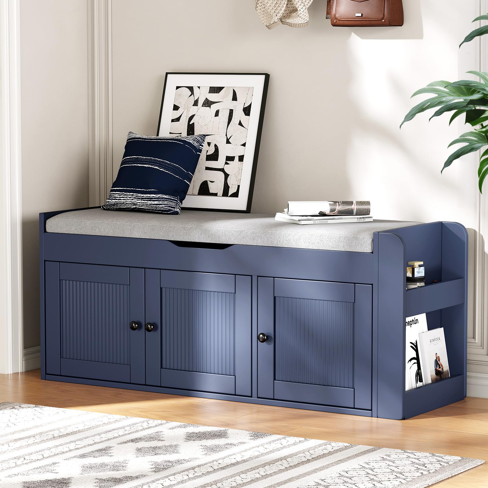 HOTAMO 42.6" Storage Bench - Shoe Storage Bench with Side Storage Shelves and 3 Doors