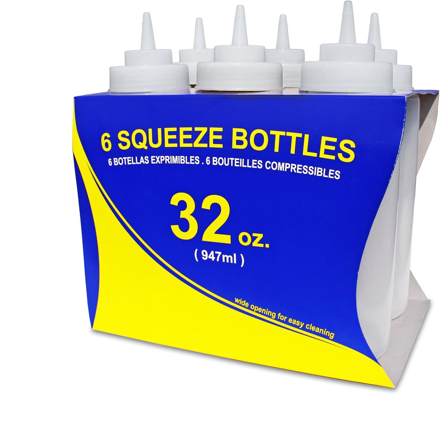 New Star Foodservice Squeeze Bottles, Plastic, Wide Mouth, 32 oz, Clear, Pack of 6