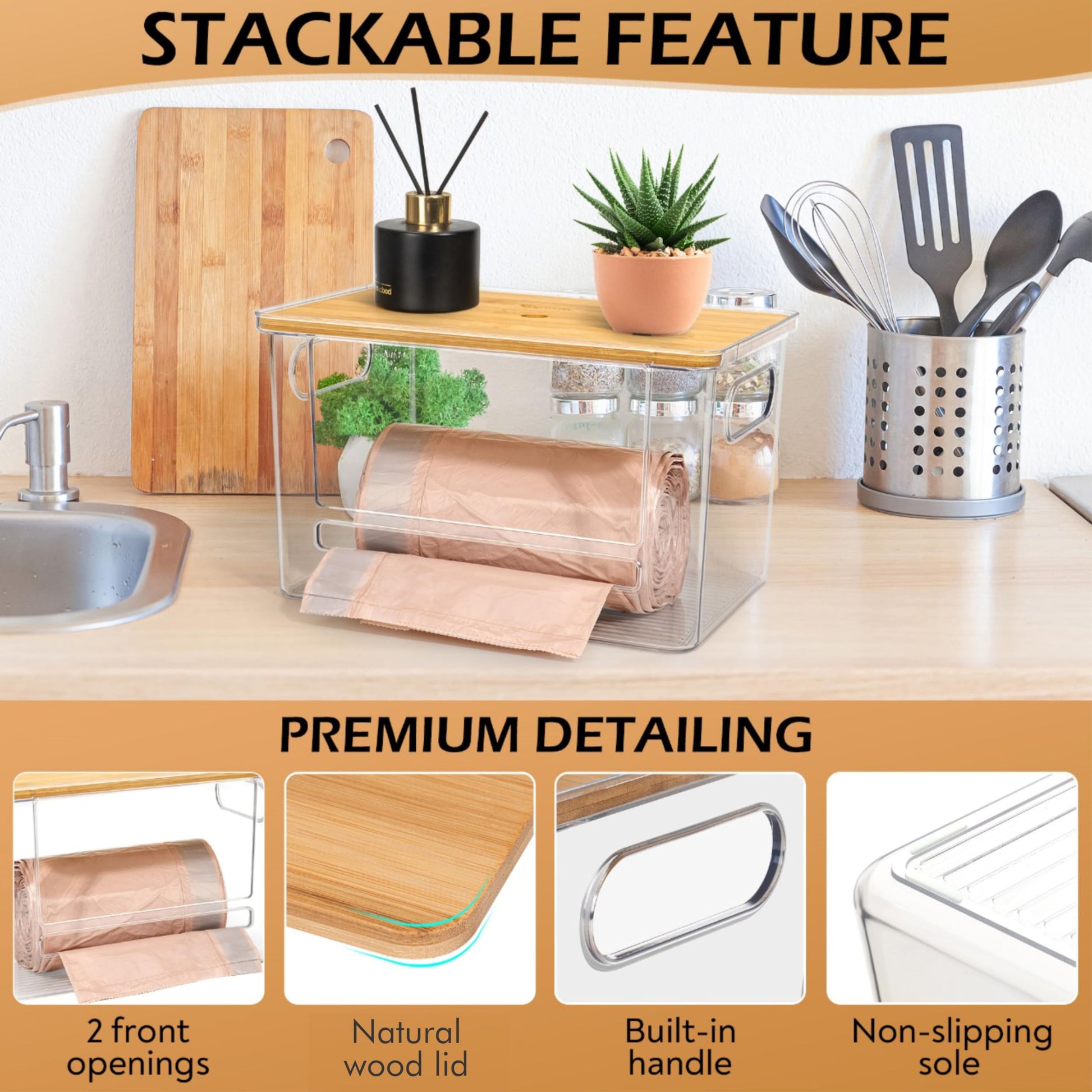 COZYCRAZE Stackable Trash Bag Dispenser with Wooden Top for Holding 13/30/33-Gallon Large Bag Sizes