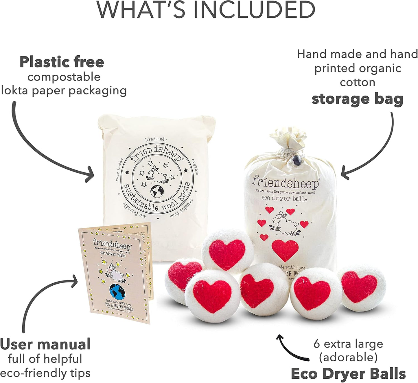 Friendsheep Wool Dryer Balls Red Heart 6 Pack XL Organic Premium Reusable Cruelty Free Handmade Fair Trade No Lint Fabric Softener - One Love