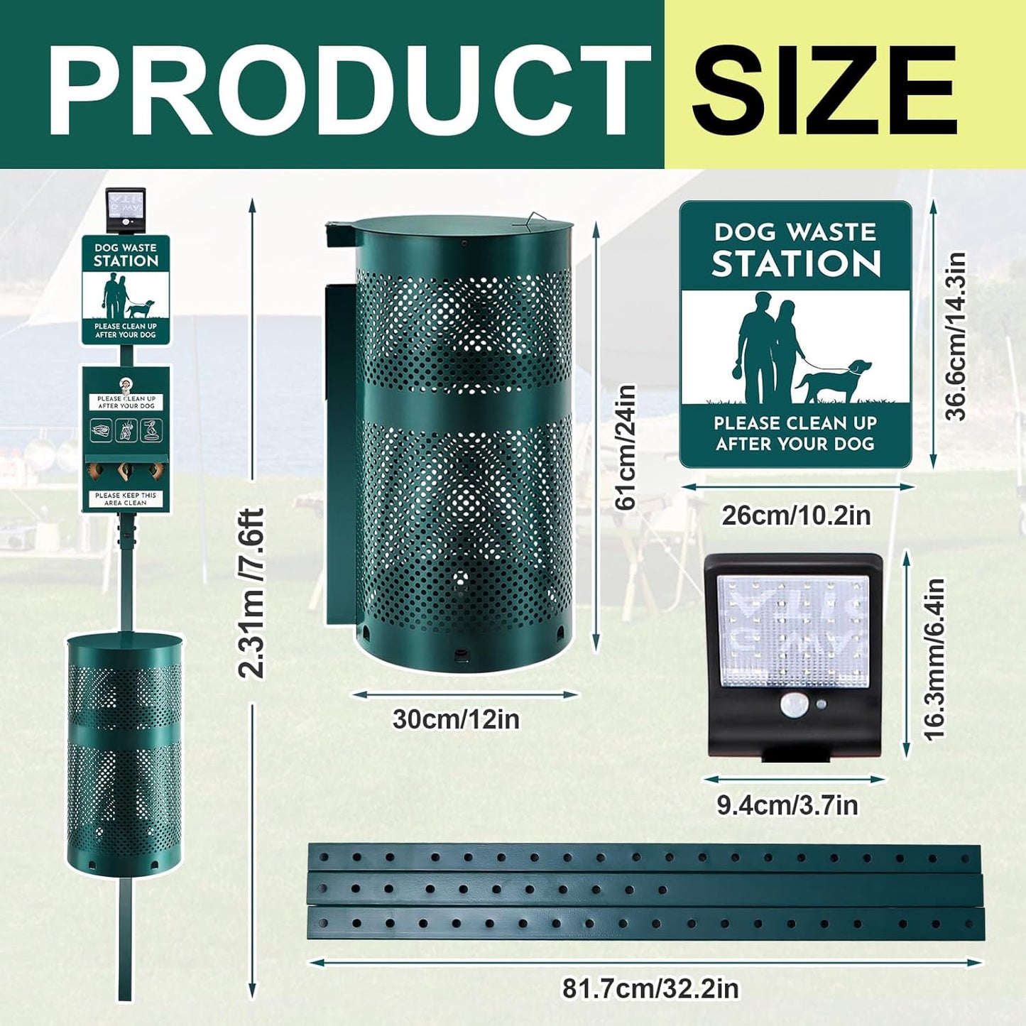 Dog Waste Station with Solar Panels Outdoor LED Galvanized Steel Dog Trash Bin with Poop Bag Dispenser Light up at Night Rust Proof Pet Trash Station for Commercial Park Backyard