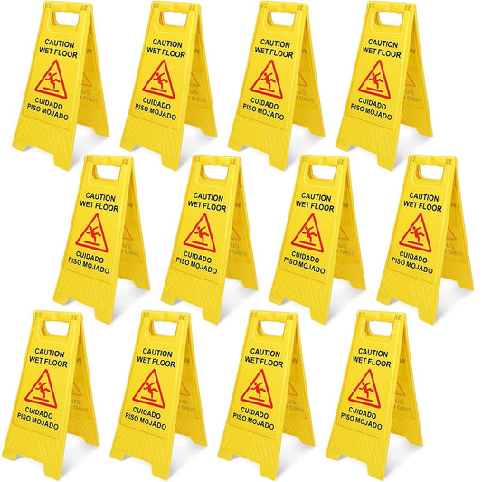Macarrie 12 Pack Caution Wet Floor Sign Wet Floor Double Sided Cuidado Piso Mojado Foldable