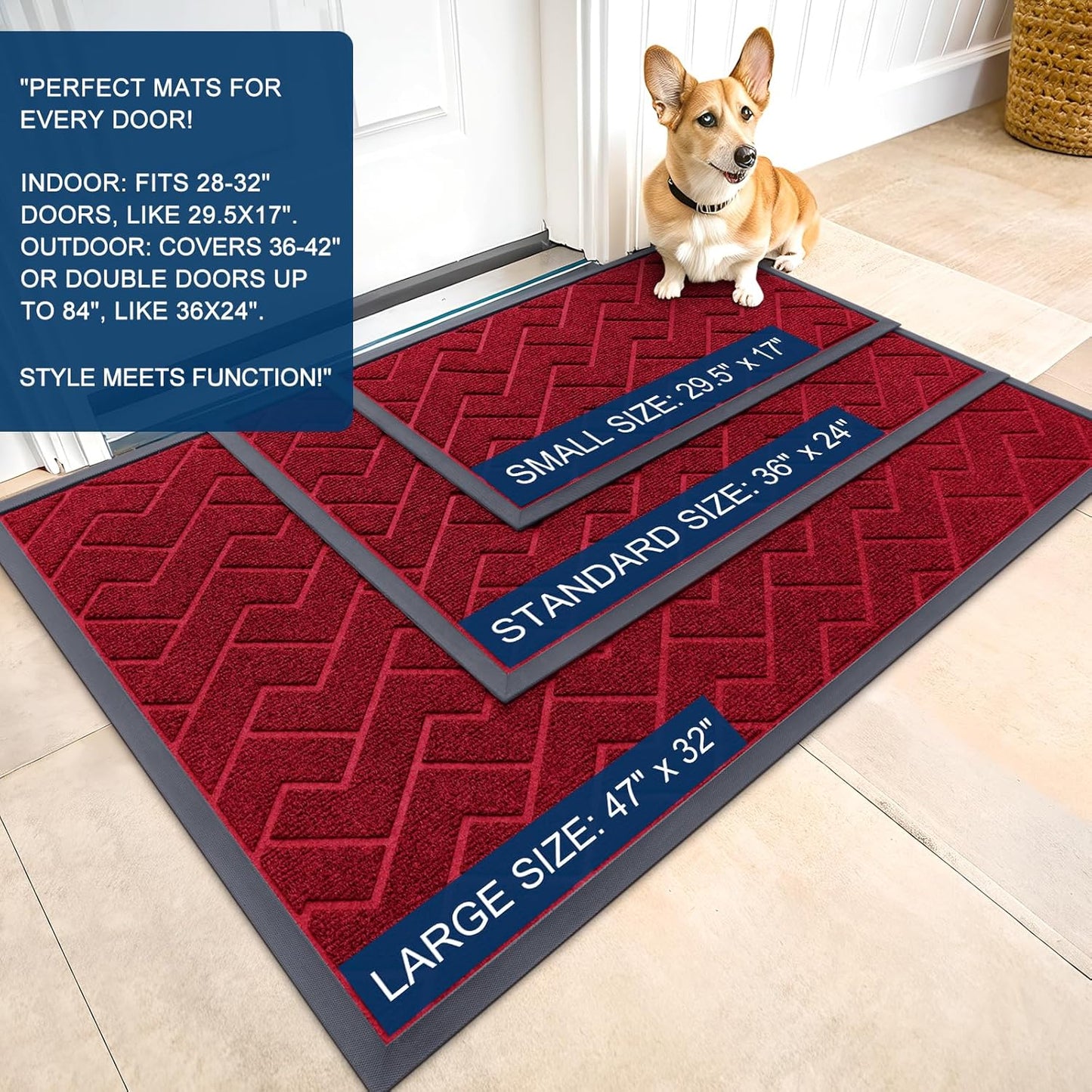OLANLY Front Door Mat Indoor Outdoor Entrance, Waterproof All-Season, All-Weather Doormat, Sturdy Natural Rubber, Low Profile, Easy Clean Patio Porch Entryway Mat, Herringbone Brick (Wine Red, 59x23)