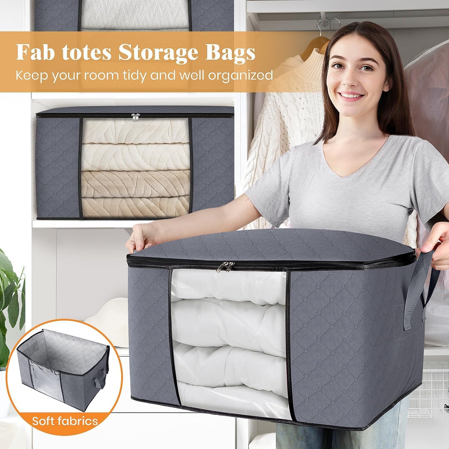 Fab totes 6 Pack Storage Bags for Clothes Blanket Storage Bins with Lids