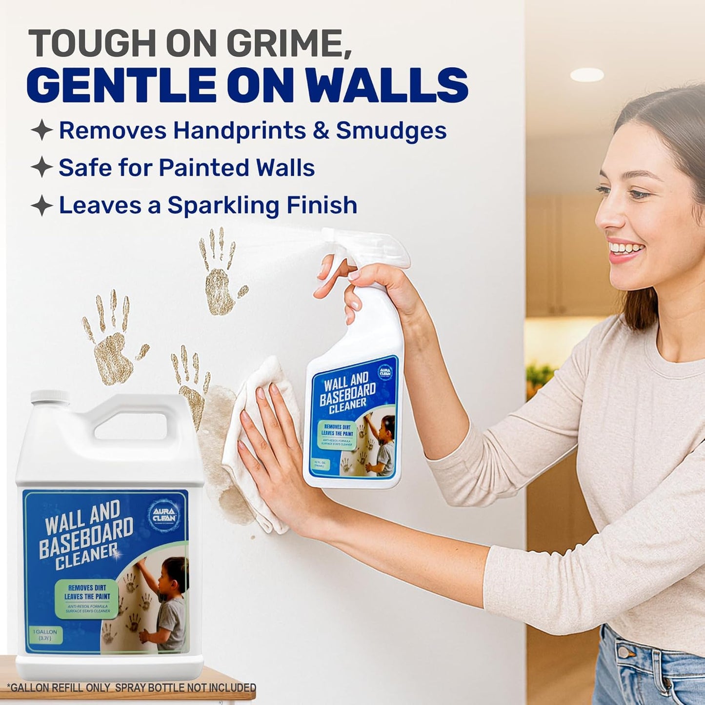 Wall & Baseboard Cleaner - Safe for Painted Walls & Trim | Eco-Friendly, No-Rinse, Kid & Pet-Safe | Anti-Resoil, Streak-Free Finish | Made in the USA | Refill - 1 Gallon (128 Fl Oz)