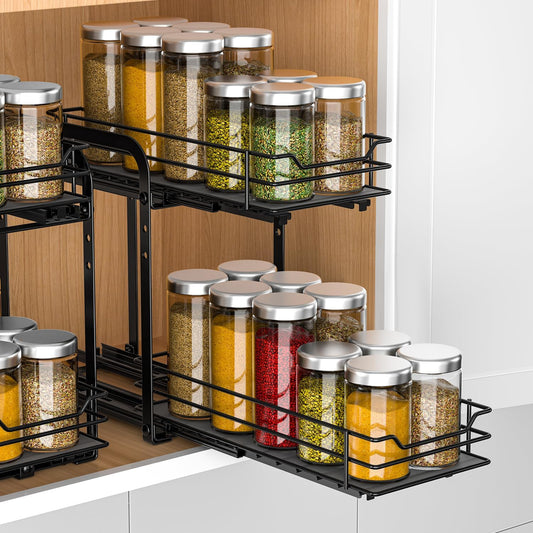 RCHYFEED Spice Organization for Cabinet, 2 Tier Pull Out Spice Rack for Seasoning Organizer, Height Adjustable Heavy Duty Metal Basket for Inside Cabinets & Pantry Closet(5.5" Wx10.5 Dx9.5 H)