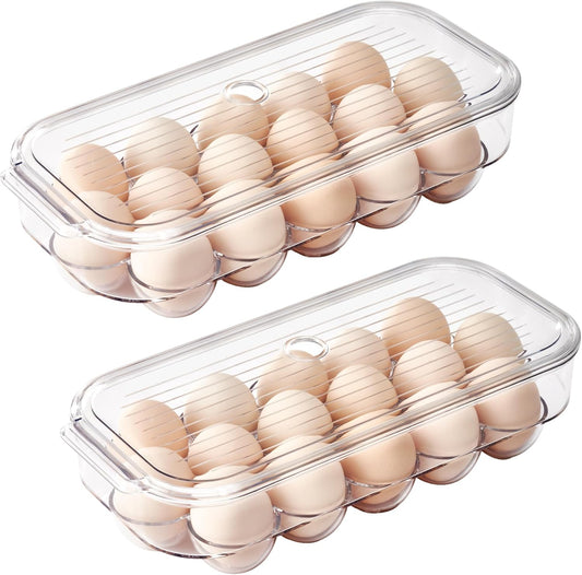 vacane Plastic Egg Holder for Refrigerator,Stackable Egg Holder Clear Tray with Lid,BPA-Free Egg Container Organizer Countertop Kitchen Fridge, Stores 16 Eggs - 2 Pack
