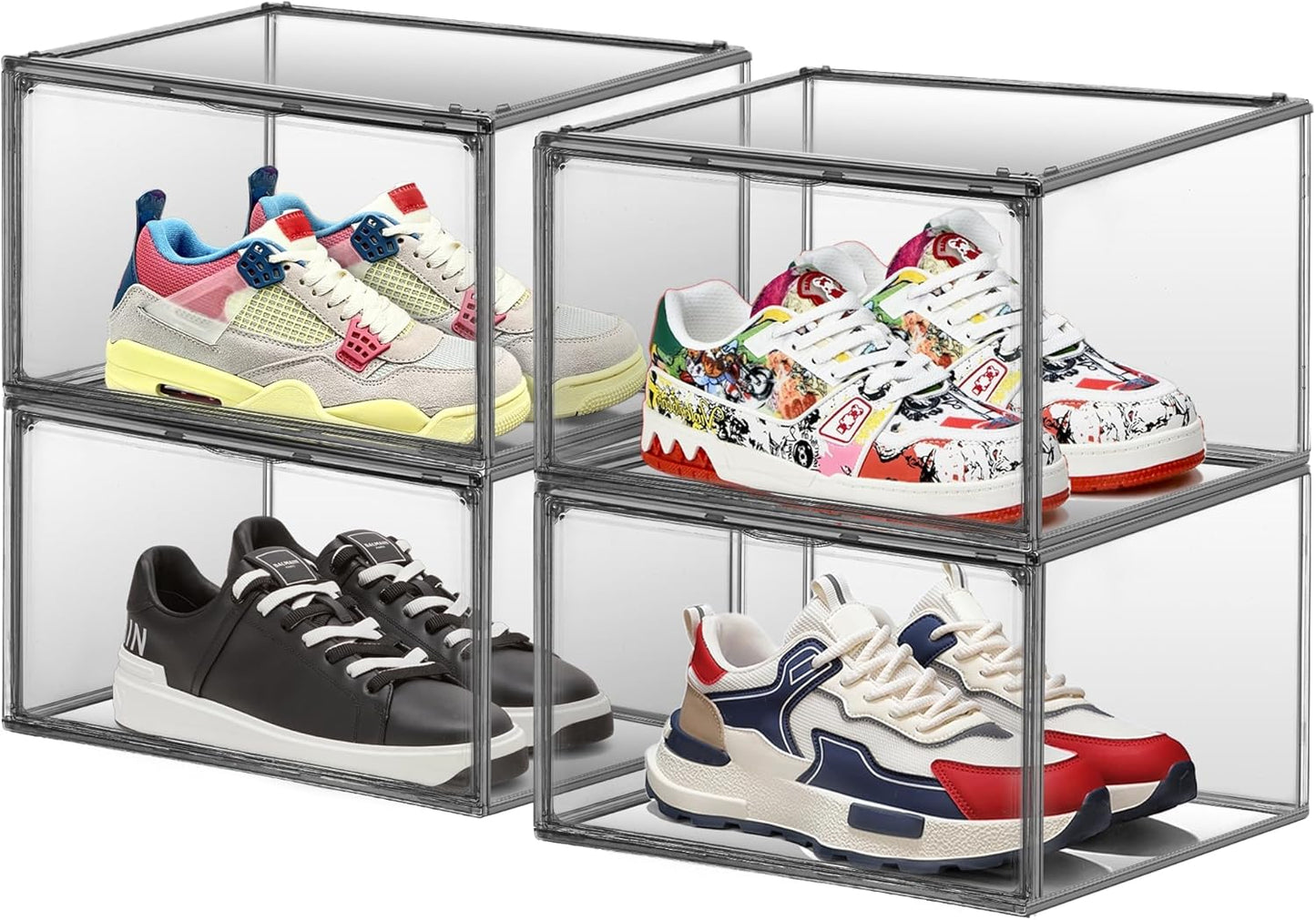 4 Pack Grey Shoe Storage Boxes Clear Plastic Stackable Shoe Display Case with Magnetic Door, Easy Assembly Fit up to US Size 13