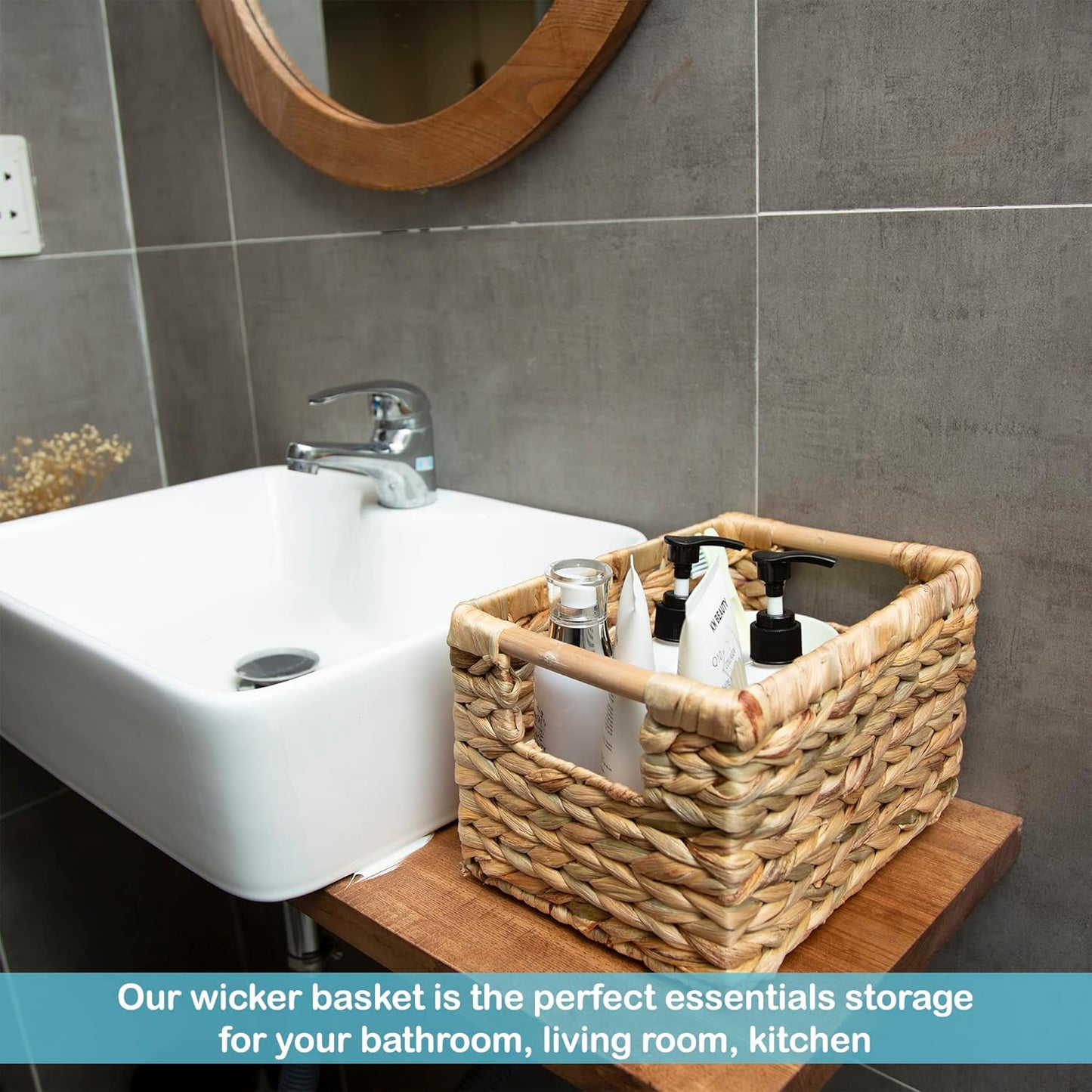 Small Wicker Baskets for Organizing Bathroom, Hyacinth Baskets for Storage, Wicker Storage Basket with Wooden Handle, Decorative Small Basket 10 x 7.5 x 6.3 inches - 3 Pack