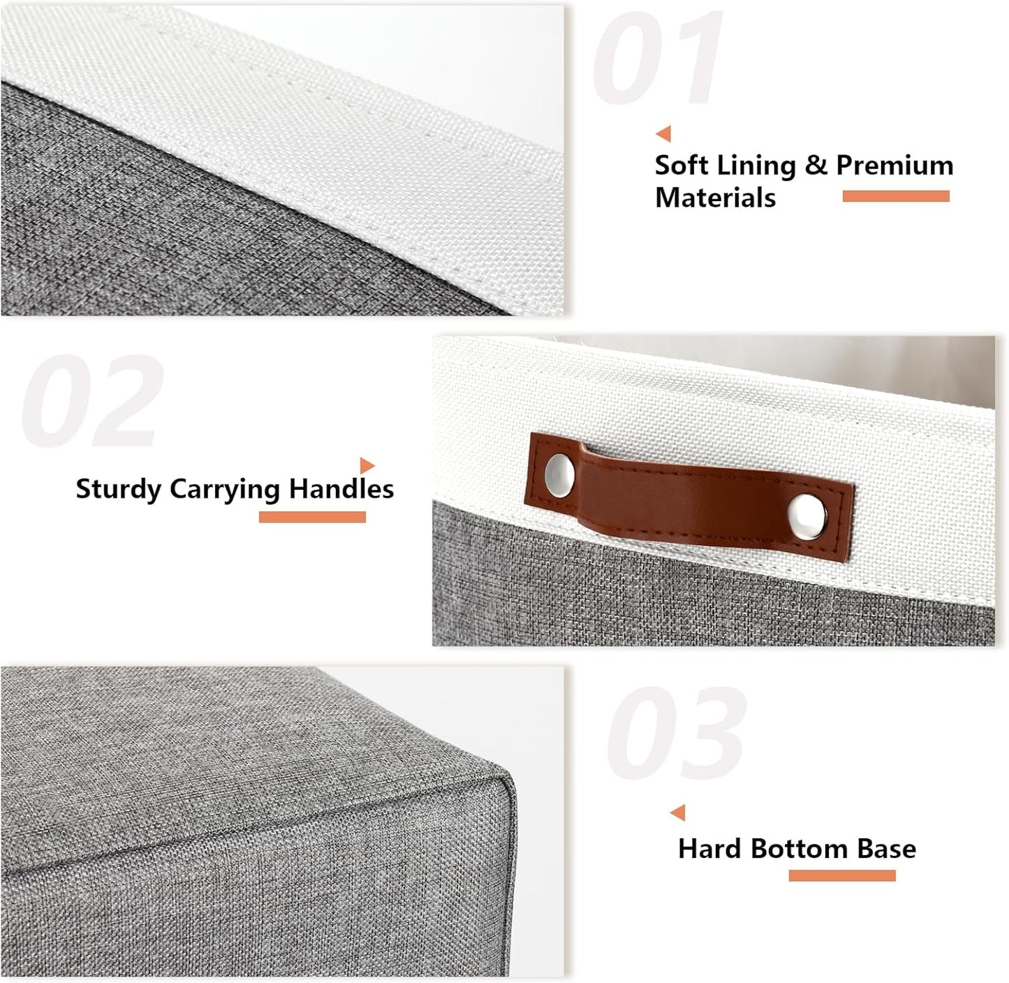 DULLEMELO Large Storage Baskets, Fabric Storage Basket with Leather Handles for Shelves Closet Nursery Toy Storage, Collapsible Fabric Baskets for Toy Book Magazine Towel Organizers(White&Gray)