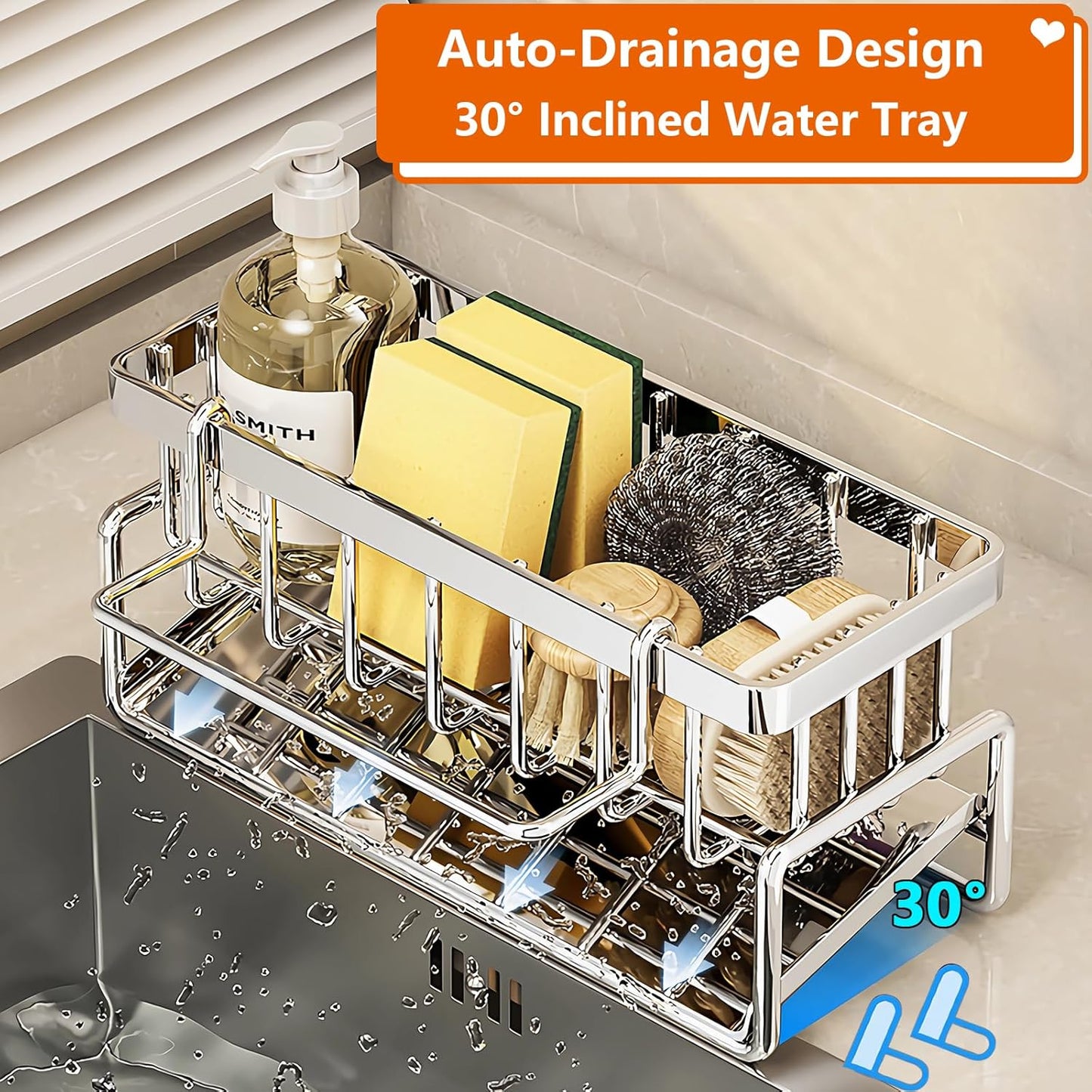 Sponge Holder for Kitchen Sink, Sink Caddy Organizers Stainless Steel,30°Tilt Self-Drainage,Sponge Holder with Dish Brush Holder,Removable Dishcloth Rack for Kitchen Storage Box,Silver