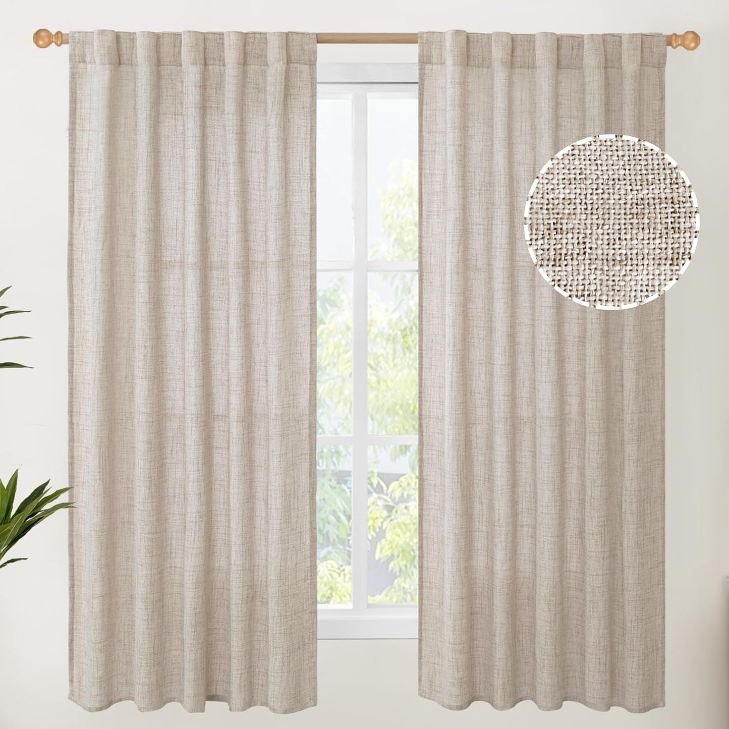 YoungsTex Rod Pocket Linen Curtains for Bedroom 38 X 63 Inches - Light Filtering Drapes with Back Tab for Living Room/Office/Farmhouse/Country Decorative, 2 Panels