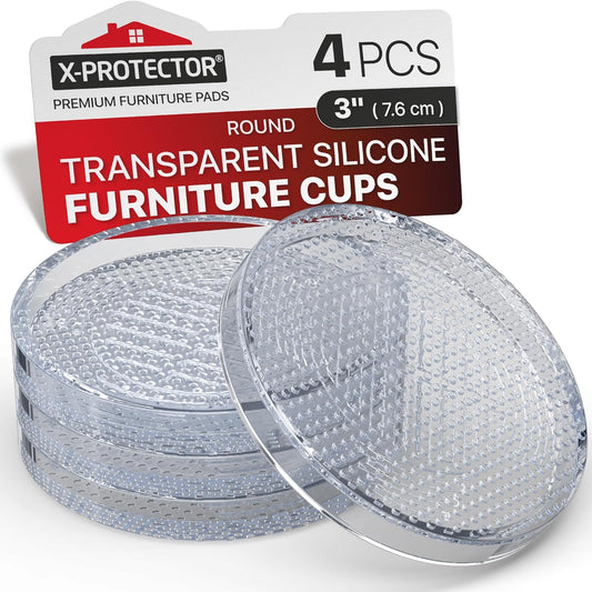 X-Protector Furniture Cups - 4 PCS 3" - Non Slip Furniture Pads for Hardwood Floors - Transparent Floor Protectors - Bed Stoppers to Prevent Sliding - Keep Furniture from Sliding on Floor! (Round)