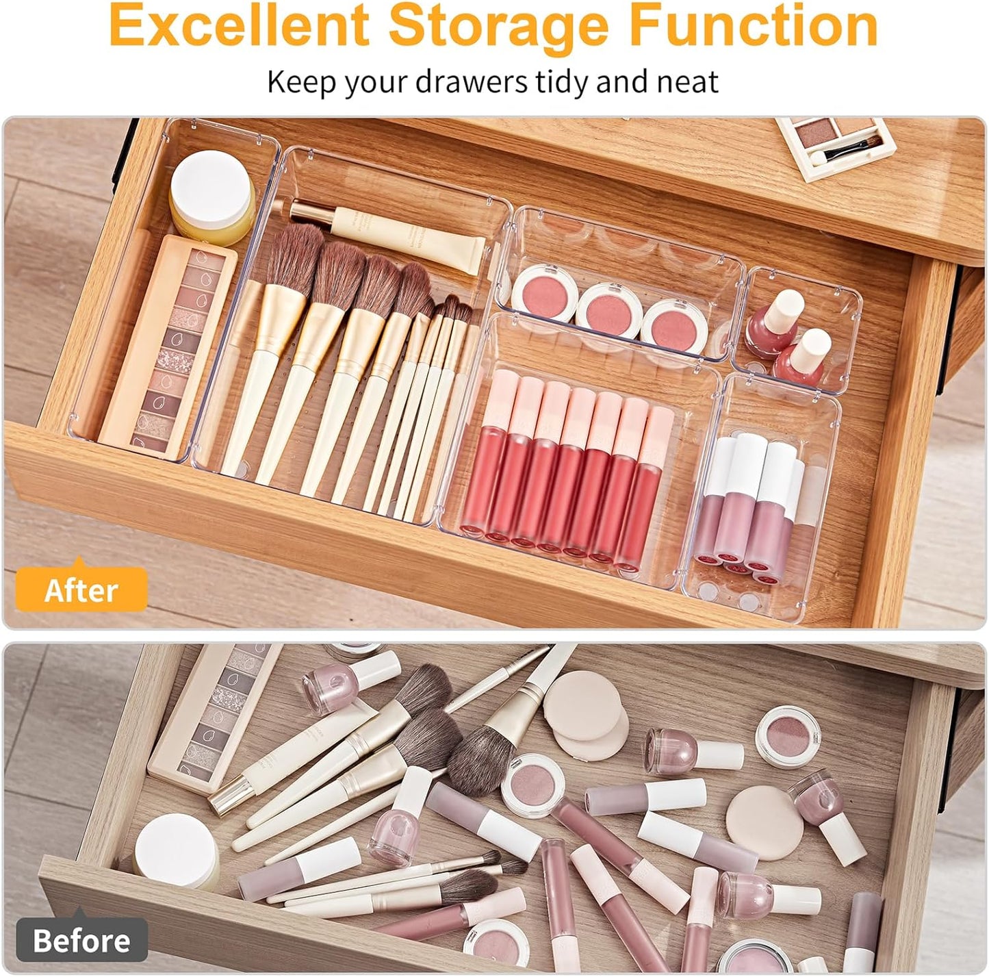 SMARTAKE 13-Piece Drawer Organizers with Non-Slip Silicone Pads, 5-Size Desk Bathroom Drawer Organizer Trays Storage Tray for Makeup, Jewelries, Utensils in Bedroom Dresser, Office and Kitchen, Clear