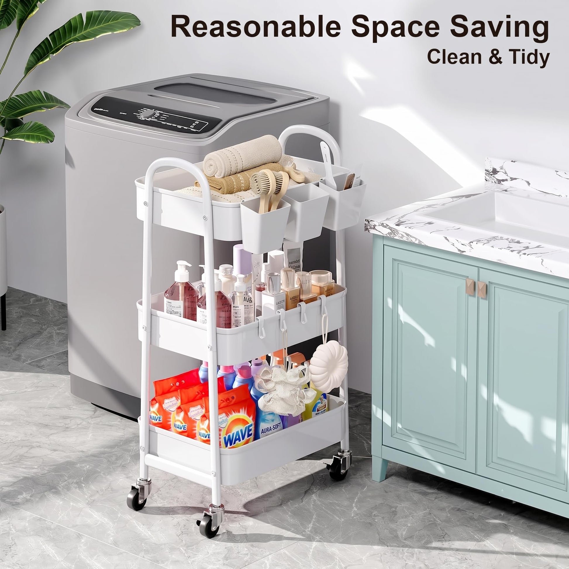 3 Tier Heavy Duty White Metal Rolling Cart with Lockable Wheels, Three Tier Roller Book Snack Cart