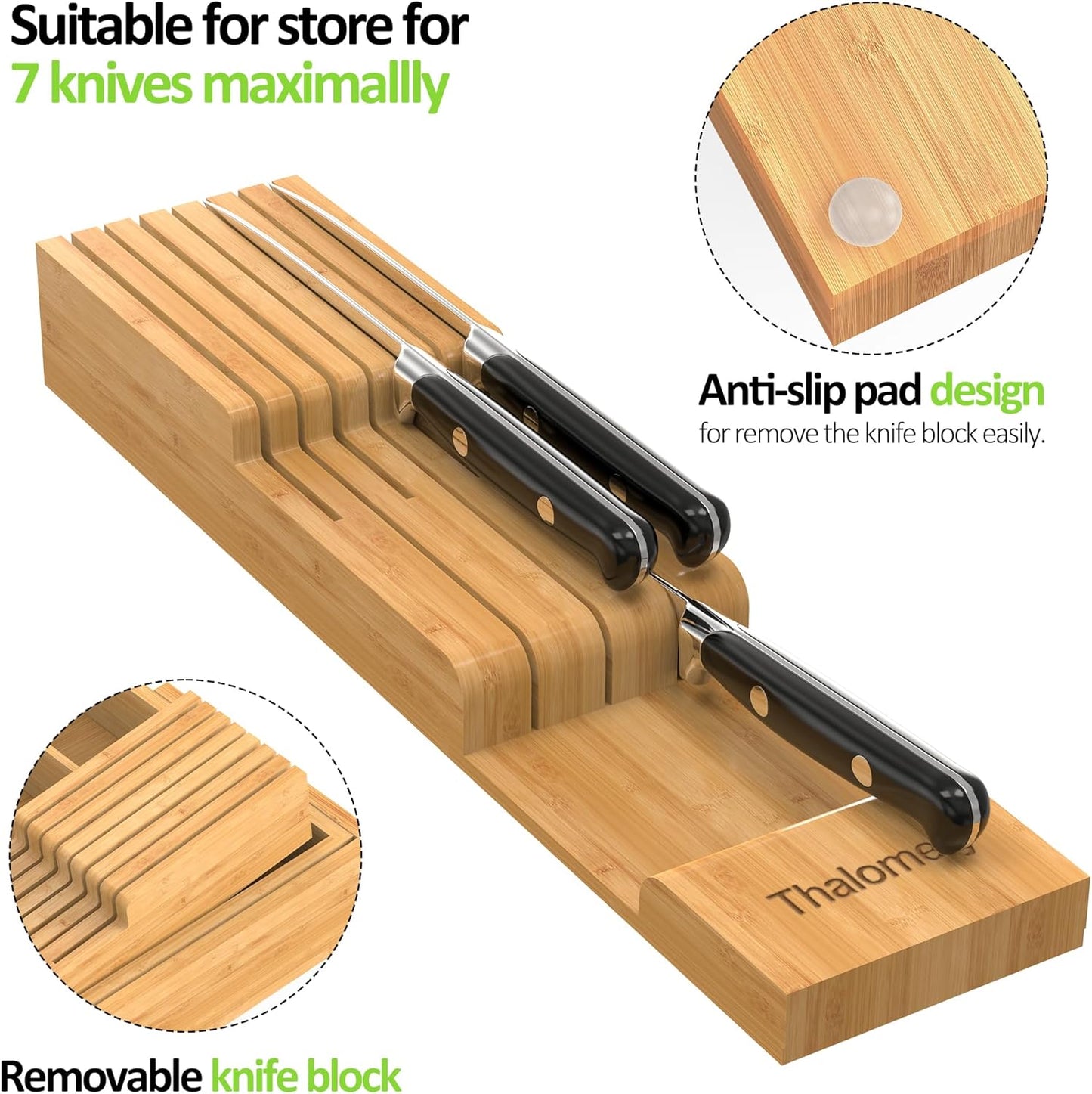 Bamboo Kitchen Drawer Organizer, Expandable Utensil Organizer with Removable Knife Block, Cutlery Tray Holder with Divider, Adjustable Silverware Organizer, Wood Tableware Dividers Storage