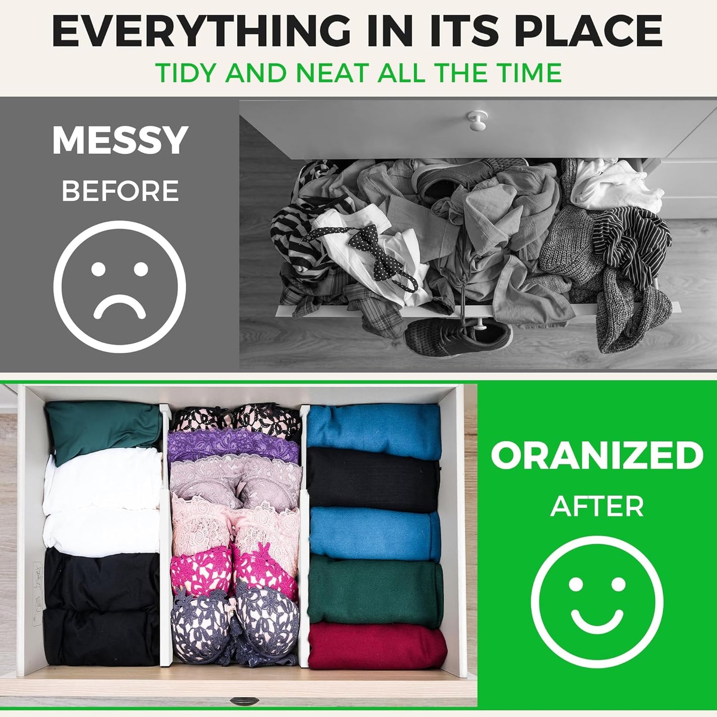 Bamboo Drawer Dividers Organizer with Inserts, Expandable from 12.5-21.7", Adjustable Drawer Organizer Separators for Utensils, Dresser, Bedroom, Bathroom, Closet, Clothing, Office (White)