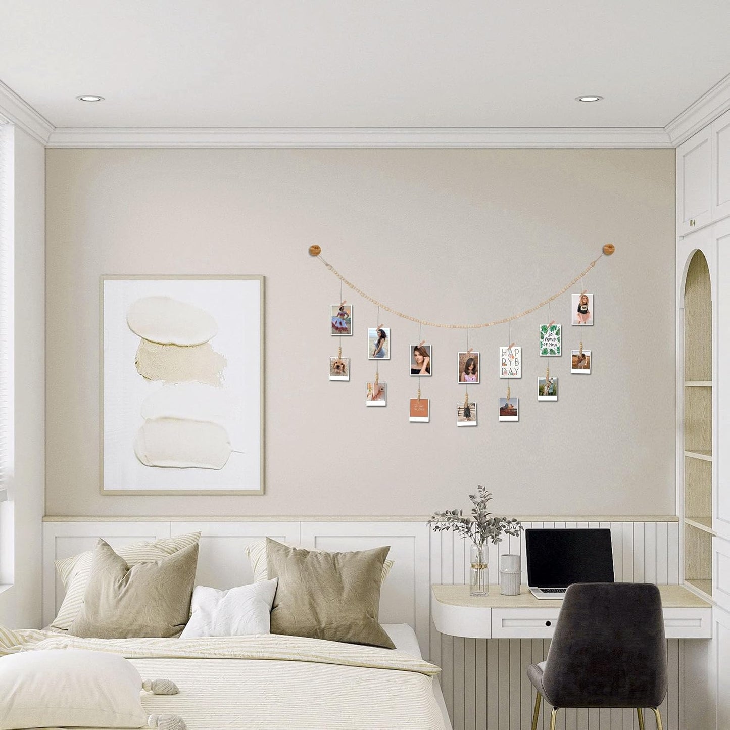 4 Feet Wooden Beads Garland with Clothespins Picture Cards Holder - Country Farmhouse Christmas Nursery Boho Holiday Decorations with Clips