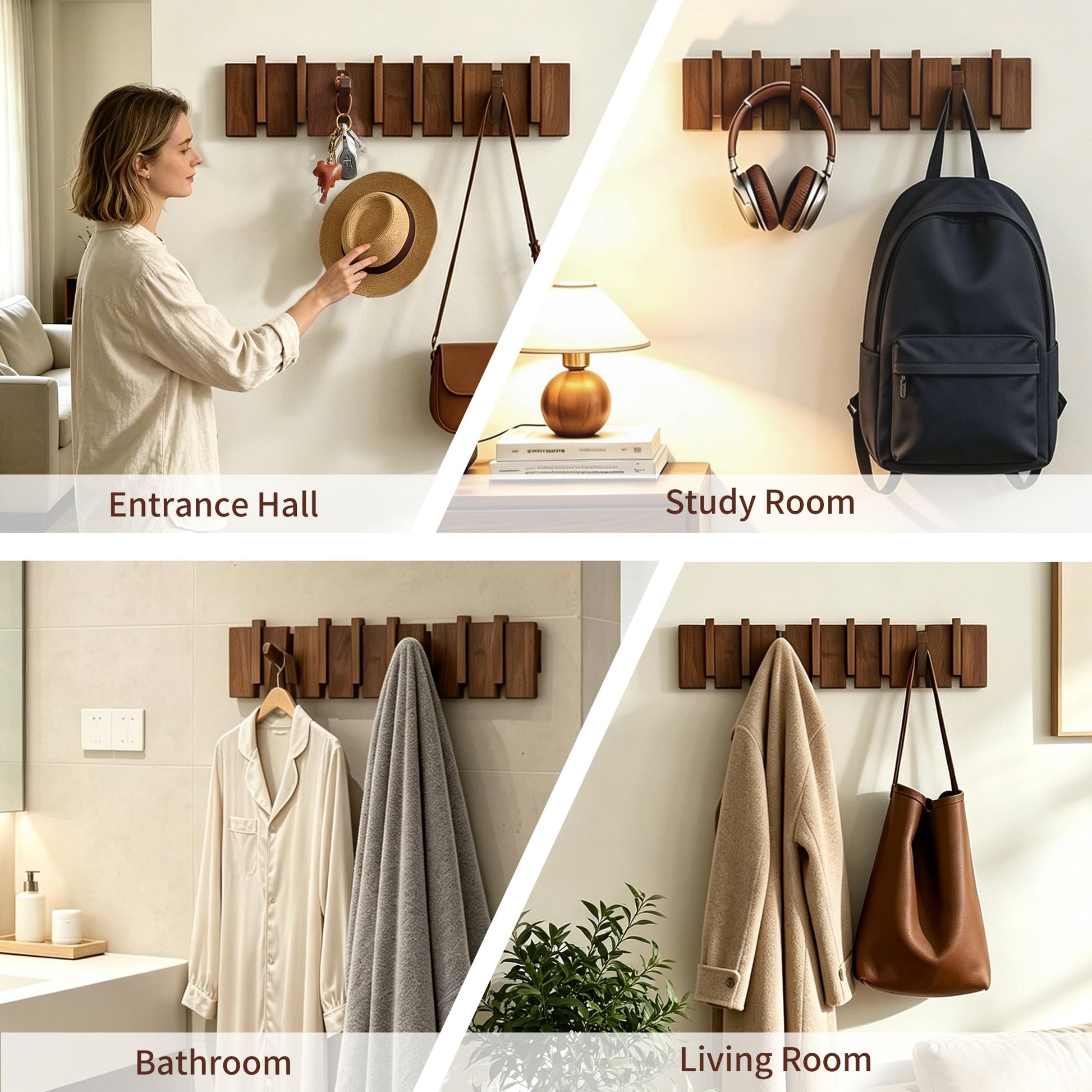 QUELLANCE Wood Coat Rack Wall Mount, Coat Hooks Hanger Wall Mounted, Heavy Duty Wall Coat Rack with