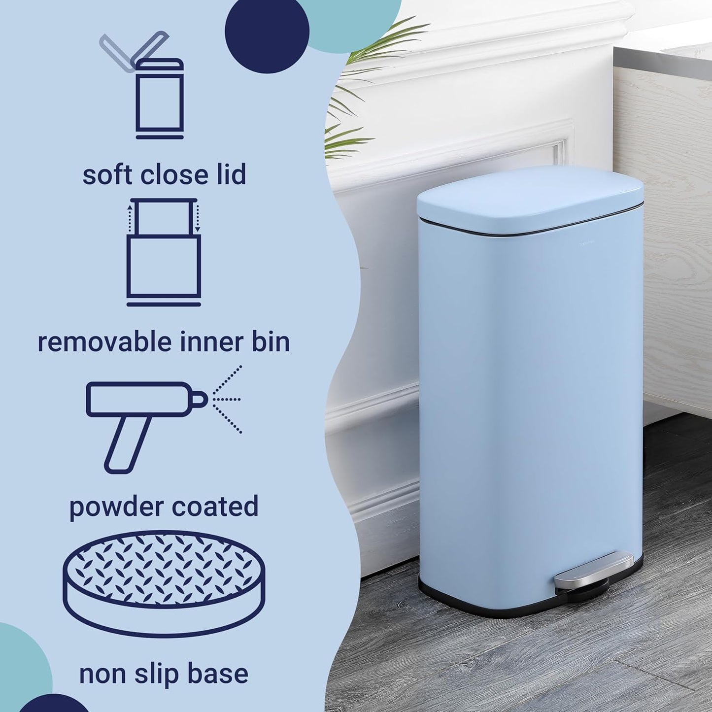 happimess HPM1011G Curtis 8-Gallon Step-Open Trash Can, Fingerprint Resistant, Modern, Minimalistic for Home, Kitchen, Laundry Room, Office, Bedroom, Bathroom, Tide Pool Blue