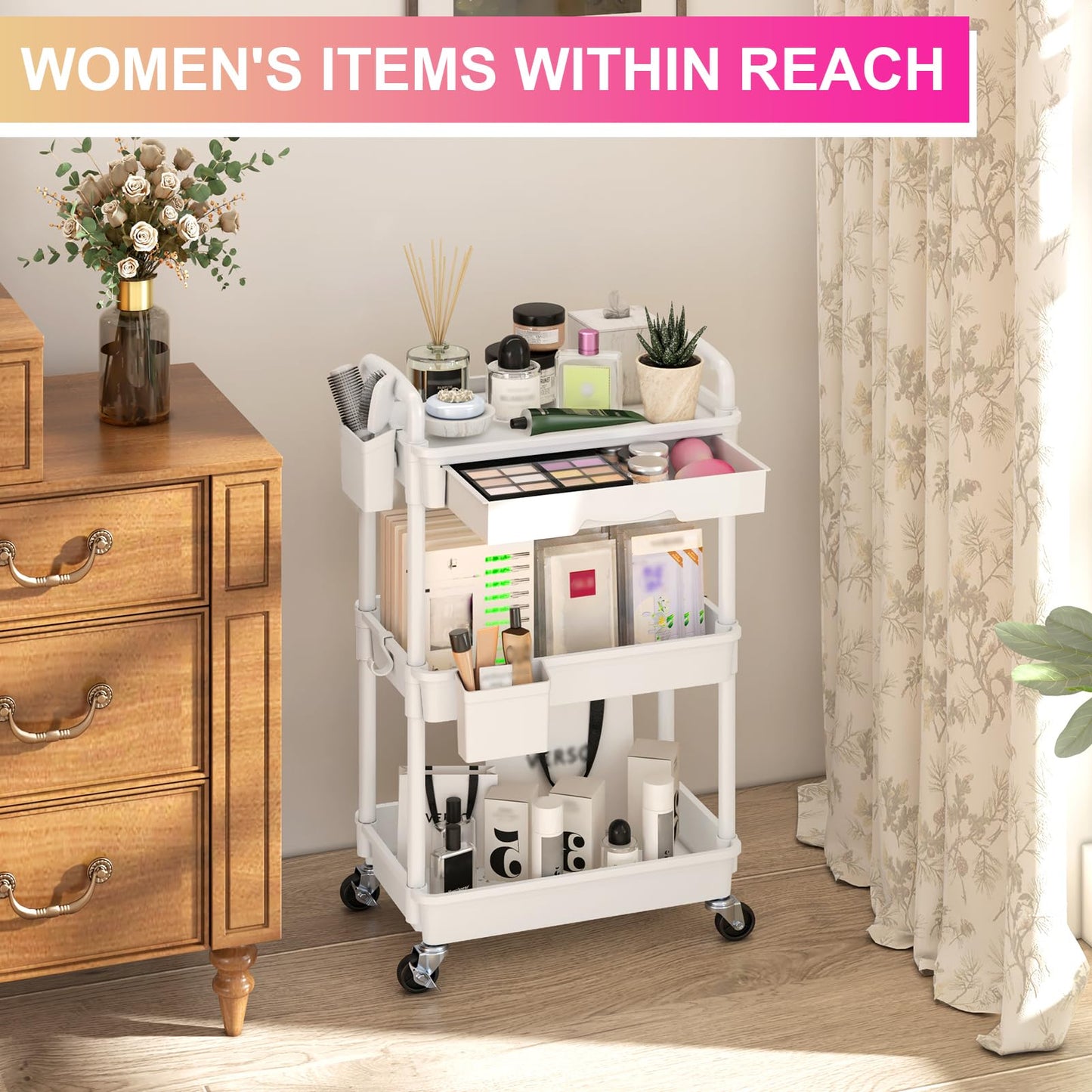 Goovilla 3 Tier Rolling Utility Cart Organizer with Removable Drawer, White