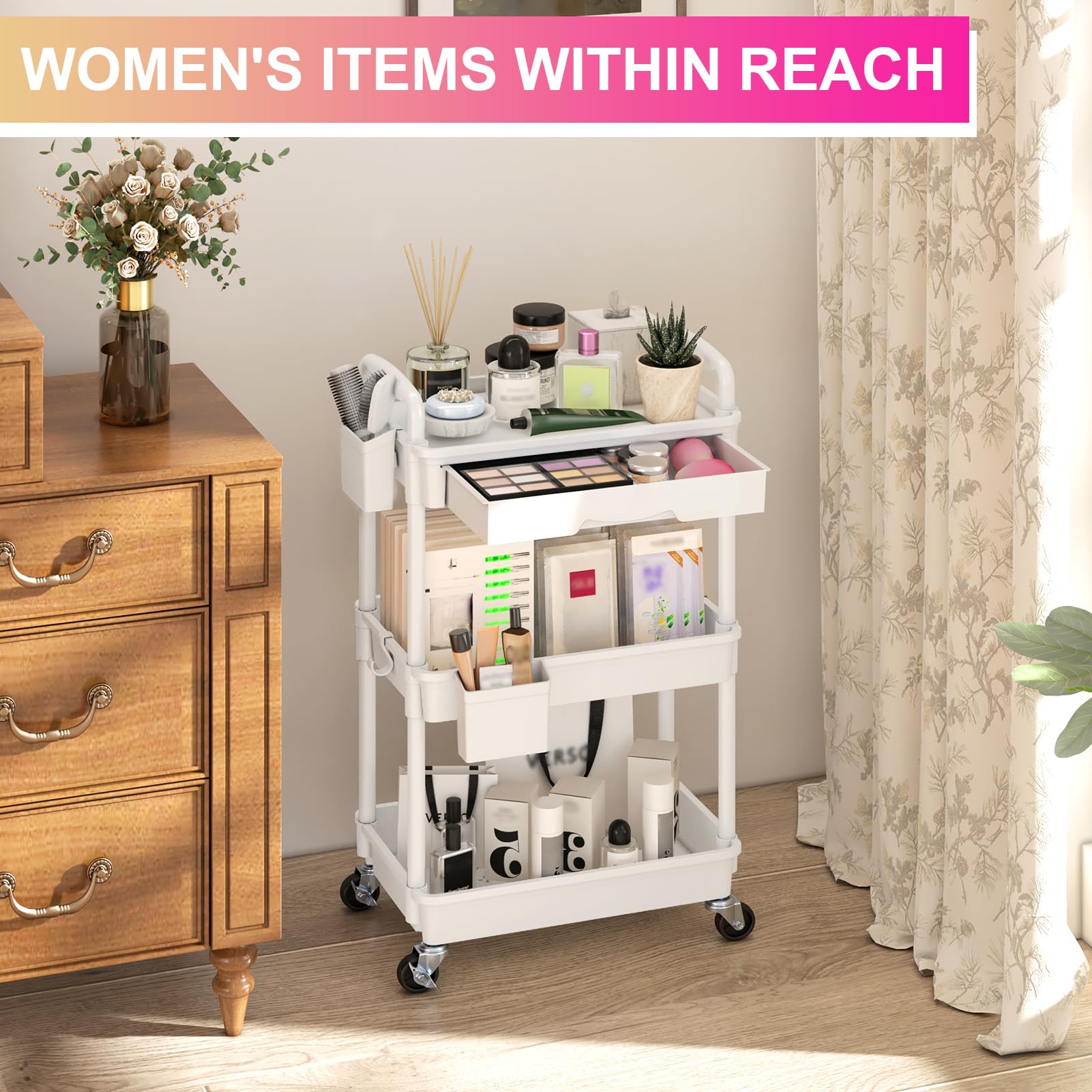 Goovilla 3 Tier Rolling Utility Cart Organizer with Removable Drawer, White