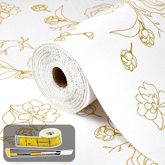 Shelf Liners for Kitchen Cabinets 23.6in x 39.37FT Non Adhesive Drawer Liner Gold Floral Thickened Shelf Liner Paper Strong Non-Slip Easy to Clean for Tool Box Refrigerator with Knife and Tape Measure