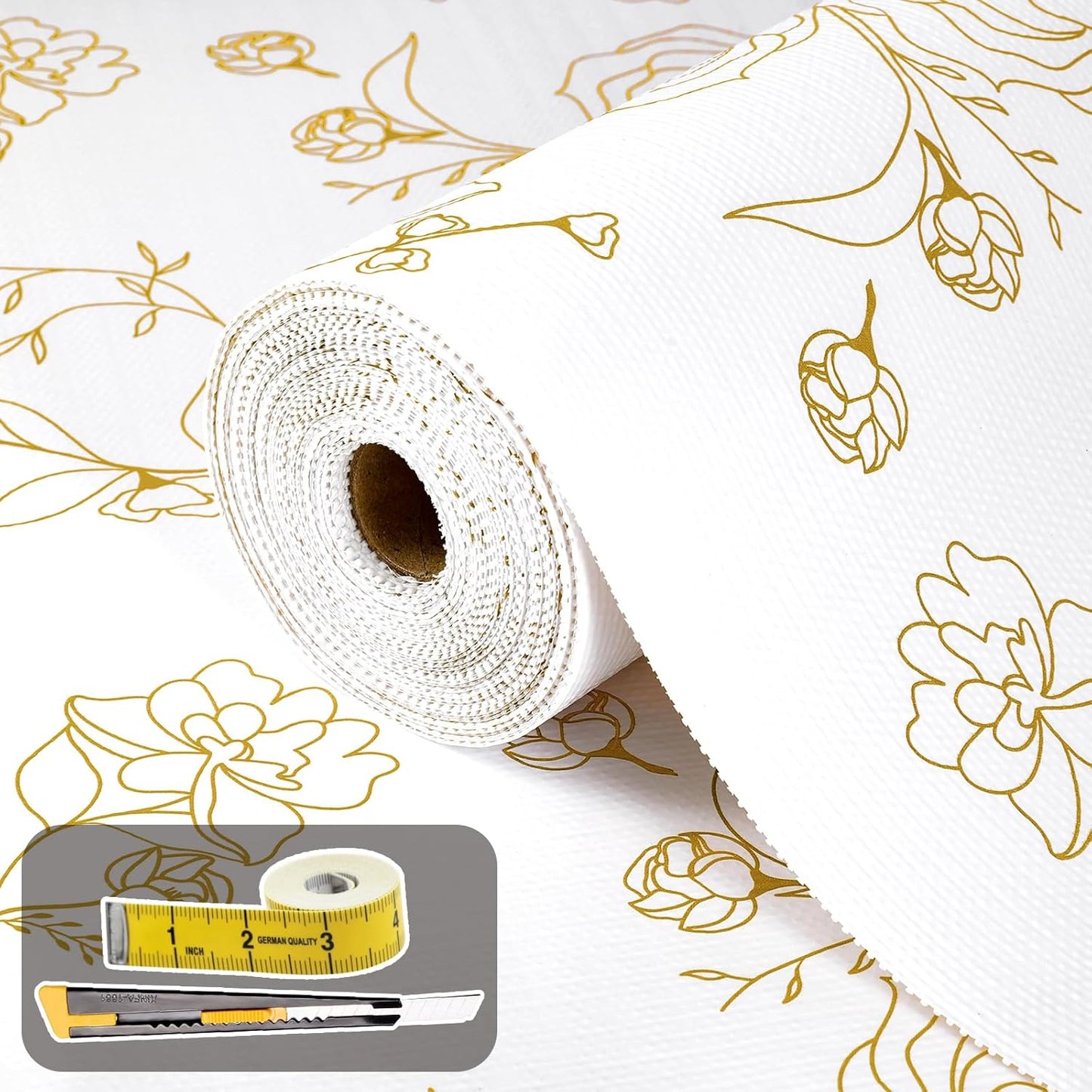 Shelf Liners for Kitchen Cabinets 17.5in x 30FT Non Adhesive Drawer Liner Gold Floral Thickened Shelf Liner Paper Strong Non-Slip Easy to Clean for Tool Box Refrigerator with Knife and Tape Measure