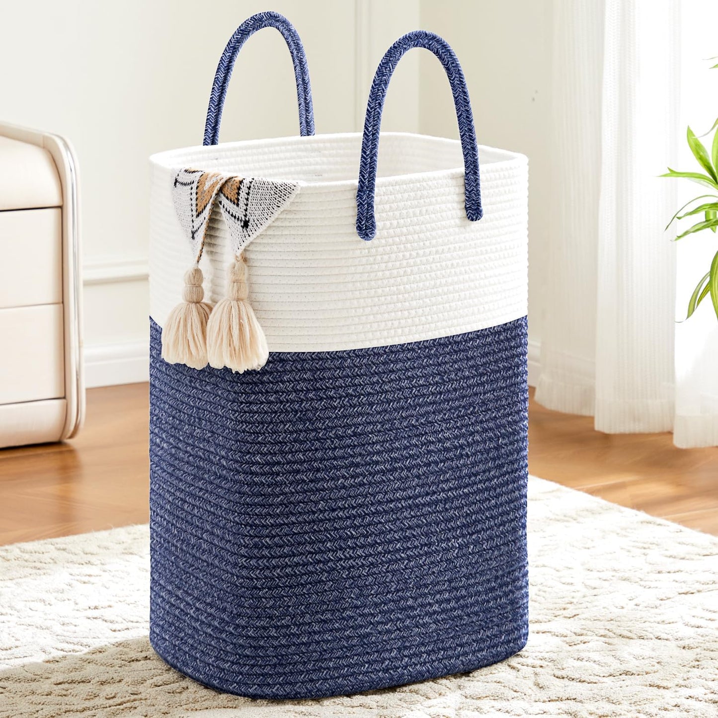 Laundry Basket,Woven Cotton Rope Laundry Hamper,Versatile Storage for Dirty Clothes,Baby Toys,and Blankets in Bathroom, Nursery,and Living Room (Blue, 80L)